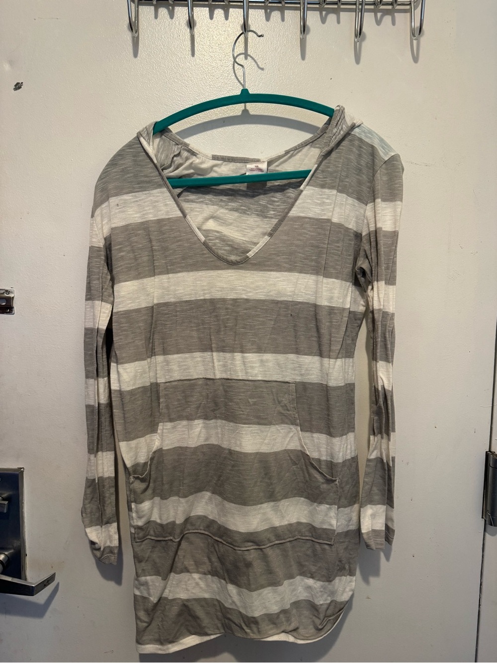 Women’s Striped Hooded Tunic Top - Gray & White